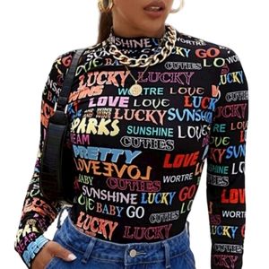 2/$25 MEDIUM Woman Mock Neck Graphic Long Sleeve Tee